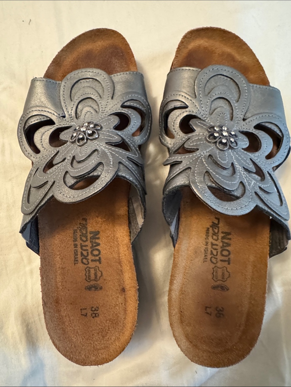 Naot Silver Floral Cutout Slide Sandals